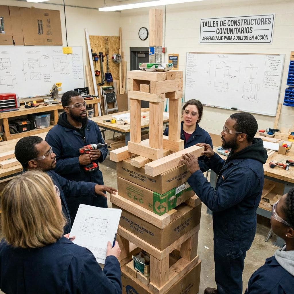 Adults in safety gear collaborating at the Community Builders Workshop on a construction project.
